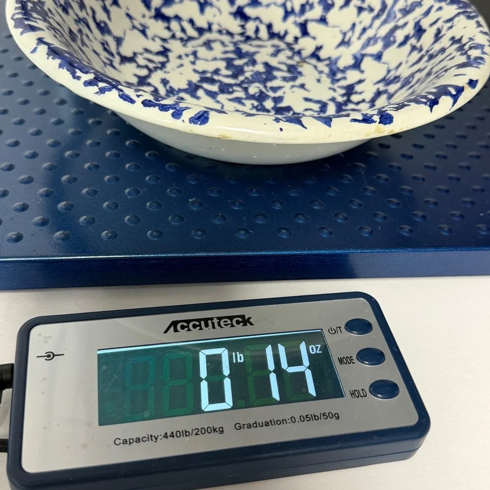VTG Blue White Splatter Enamelware‎ Bowl 8 Inch Round Speckled Basin